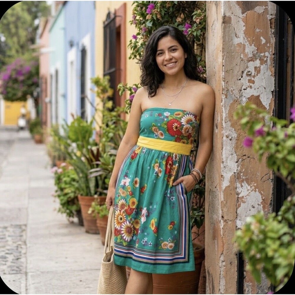 Twentyone Strapless Green Floral sun Dress mini Yellow Tie Size Medium A-Line